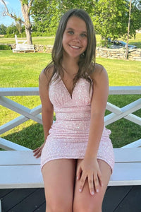 Light Blue Sequin Halter Bodycon Short Homecoming Gown