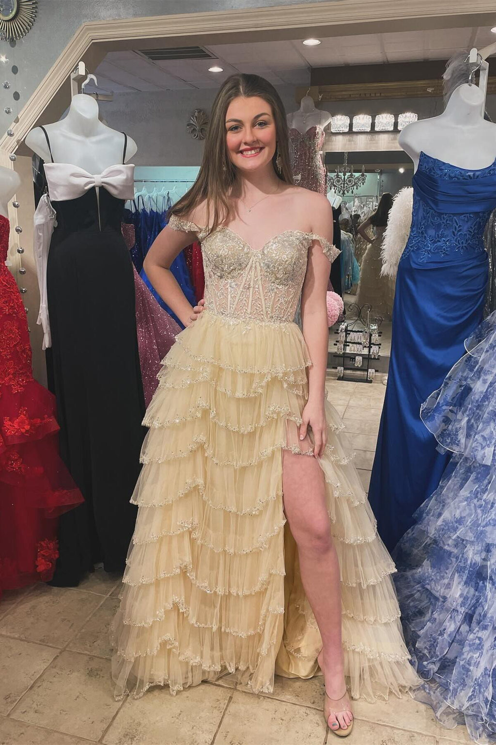 Light Pink Floral Layers Sequined Long Prom Dress Dreamdressy