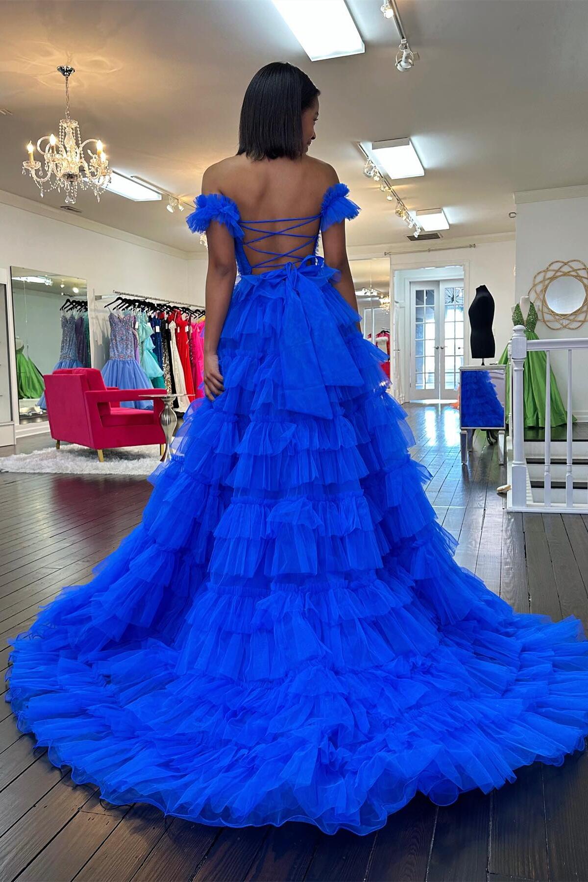 Fuchsia Off-Shoulder Layers Ruffled A-line Long Prom Dress