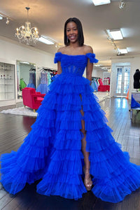 Fuchsia Off-Shoulder Layers Ruffled A-line Long Prom Dress