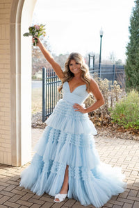 Pink V-Neck Empire Waist Tiered Long Prom Dress with Ruffles