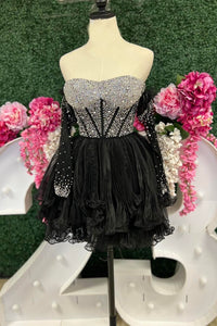 Pink Beaded Strapless A-line Ruffle Layers Homecoming Dress with Detachable Sleeves