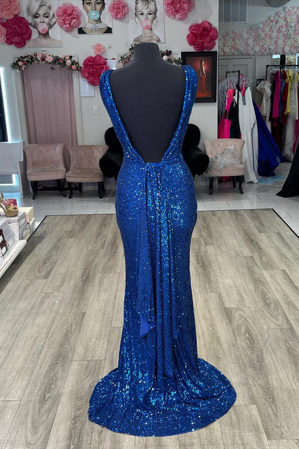 Royal Blue Plunging V Neck Sequins Mermaid Long Prom Dress Dreamdressy