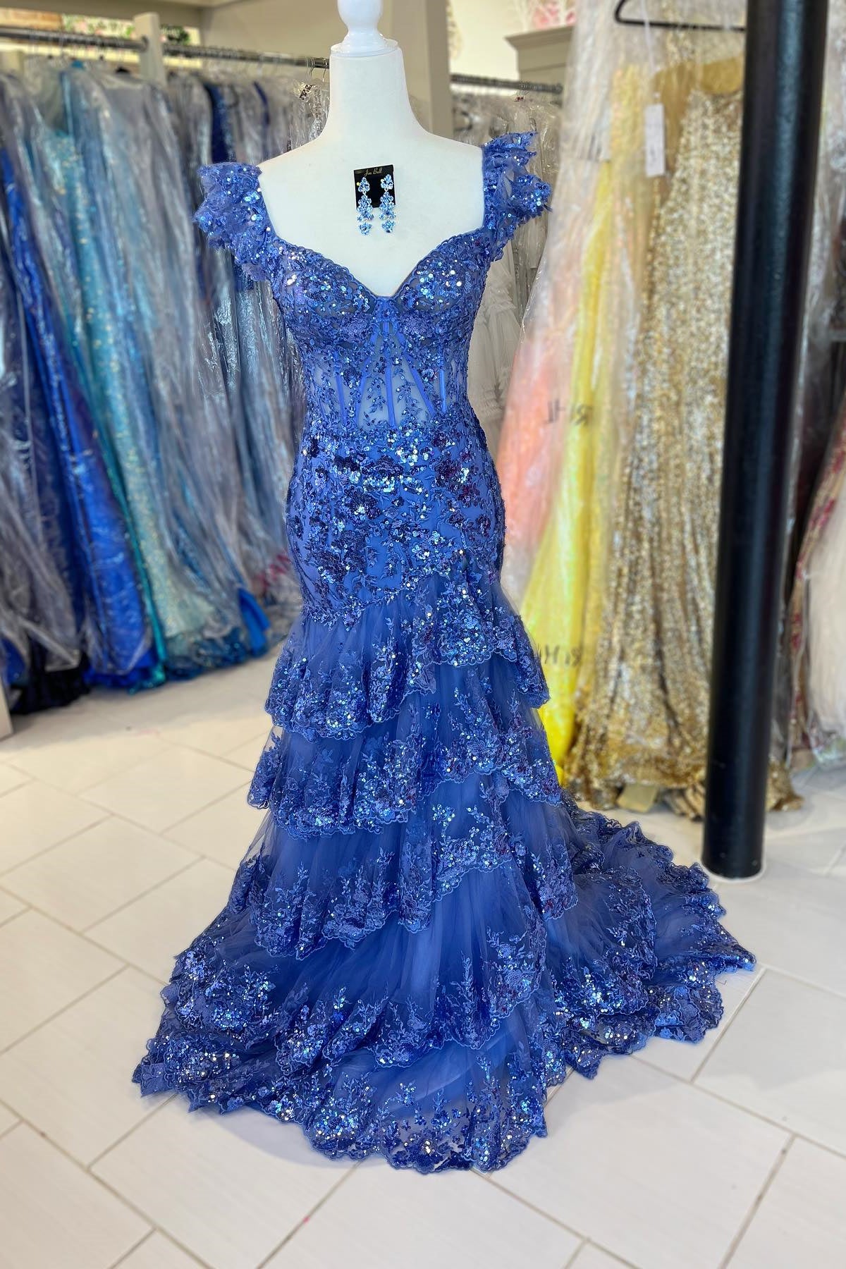 Red Off-the-Shoulder Sequined Appliques Multi-Layers Long Prom Dress with Slit