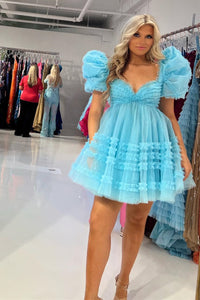 Blue A-line Ruffled Puff Sleeves Homecoming Dress