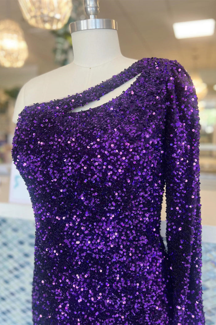 Grape One Shoulder Sequins Sheath Long Sleeve Homecoming Dress