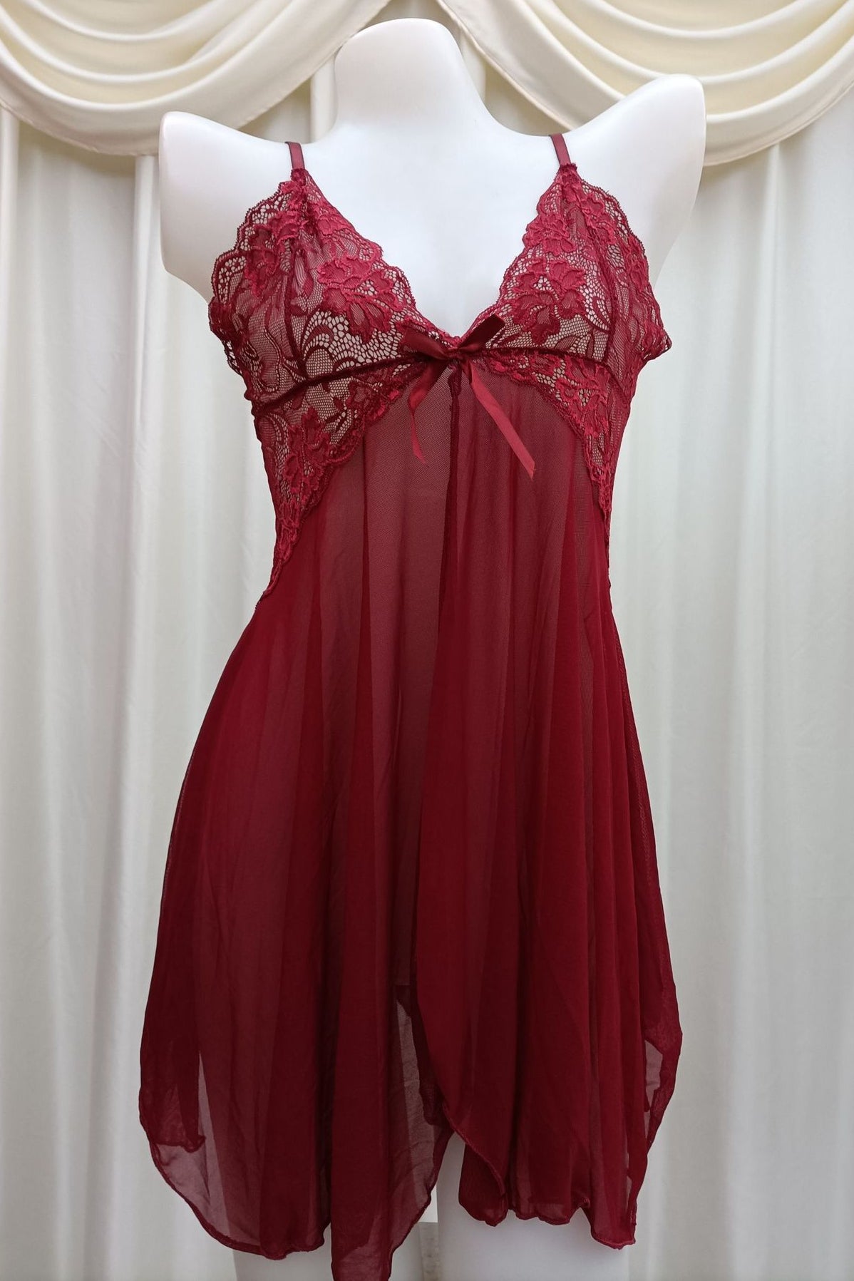 Wine Red Tulle Deep V Neck Straps Lingerie