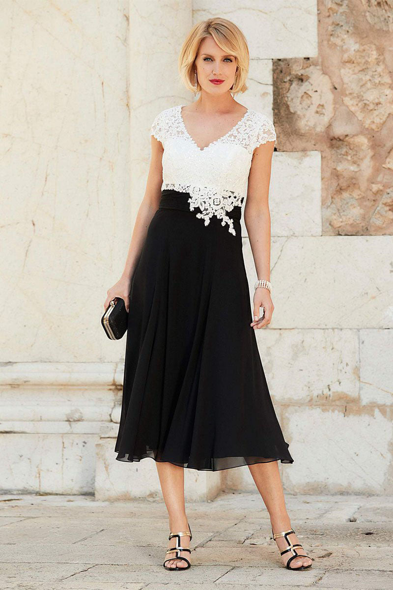 Eleagnt White Lace and Black Chiffon Short Mother of the Bride Dress