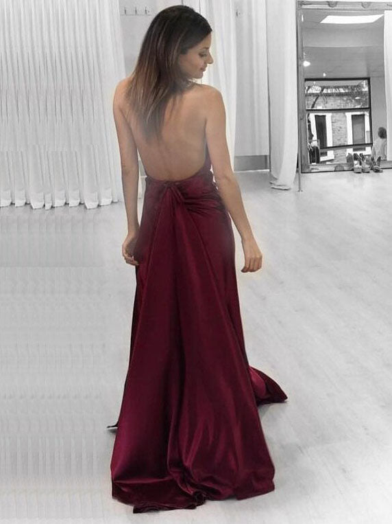 Sexy A-line Halter Burgundy Long Prom Dress with Slit