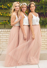 Gorgeous Two Piece Pink Tulle Long Bridesmaid Dress with White Top