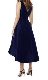 V Neck High Low Navy Blue Bridesmaid Dress