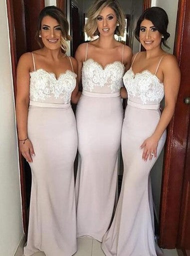 Spaghetti Straps Mermaid Long Bridesmaid Dress with White Lace