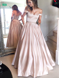 Simple A-line Off the shoulder Pink Long Prom Dress with Pockets