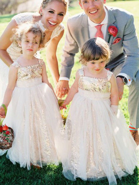 Cute Ball Gown Sparkly Gold and Ivory Flower Girl Dress