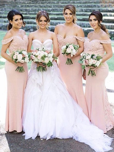 Elegant Off Shoulder Mermaid Blush Pink Long Bridesmaid Dress