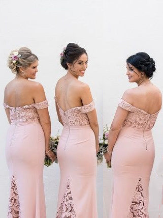 Elegant Off Shoulder Mermaid Blush Pink Long Bridesmaid Dress