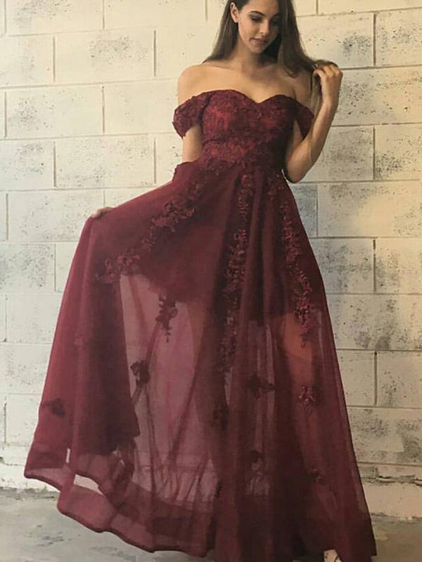 Off the shoulder Lace Appliques Long Bridesmaid Dress