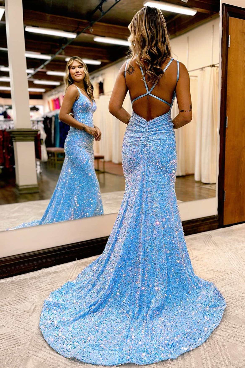 Blue Iridescent V-Neck Cross-Back Mermaid Long Prom Dress