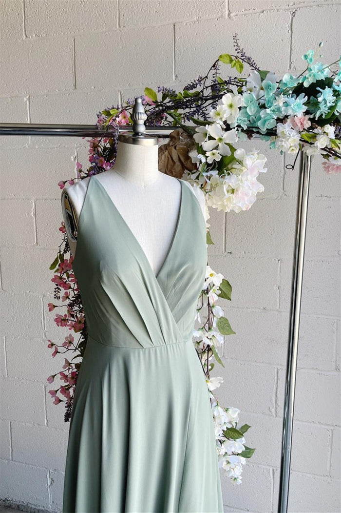 Light Green A-line V Neck Pleated Sleeveless Chiffon Long Bridesmaid Dress