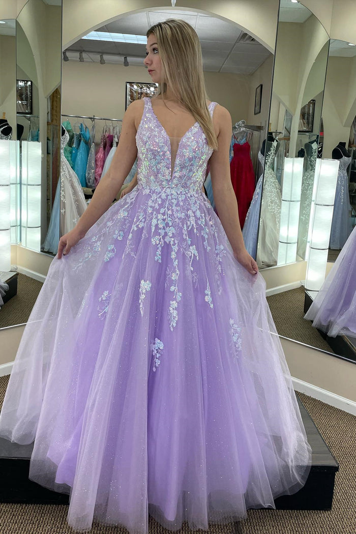 Lilac Tulle A-line V Neckline Backless Applique Long Prom Dress