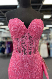 Hot Pink Appliques Strapless Mermaid Long Prom Dress