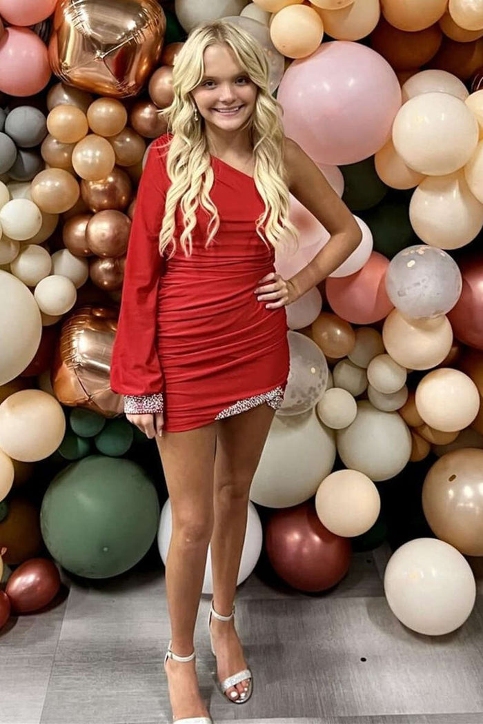 Red One-Shoulder Beaded Tight Homecoming Dress