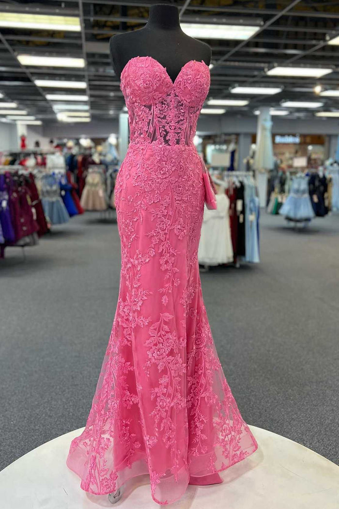 Hot Pink Appliques Strapless Mermaid Long Prom Dress