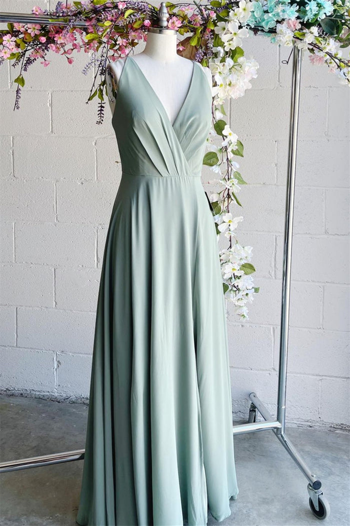 Light Green A-line V Neck Pleated Sleeveless Chiffon Long Bridesmaid Dress