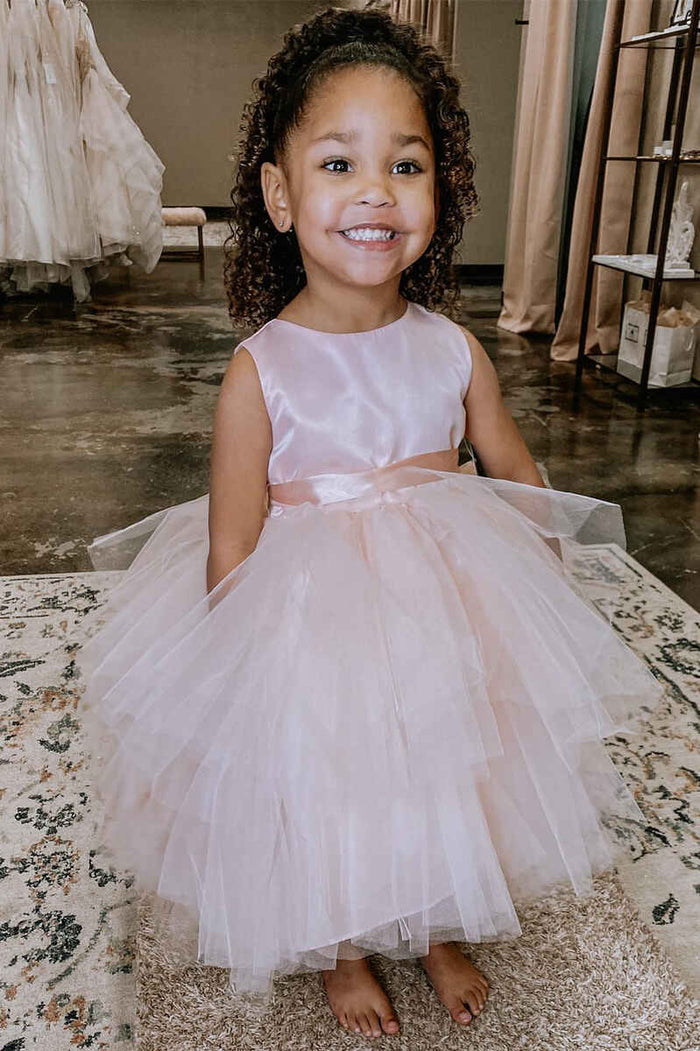 Pink Rounded Neck Bow Back Flower Girl Dress