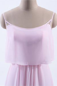 Pink Flounce Chiffon Straps A-line Long Bridesmaid Dress