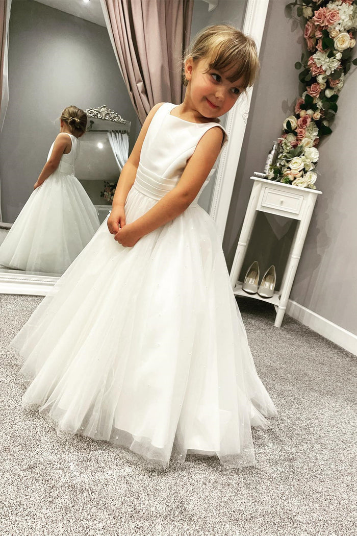 White Jewel Sleeveless Beaded Long Flower Girl Dress with Pleated Sash