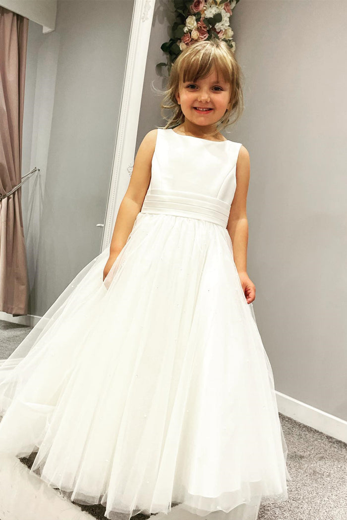 White Jewel Sleeveless Beaded Long Flower Girl Dress with Pleated Sash