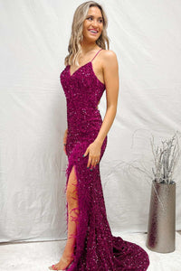 Magenta Sequin Feather Lace-Up Back Mermaid Long Formal Dress