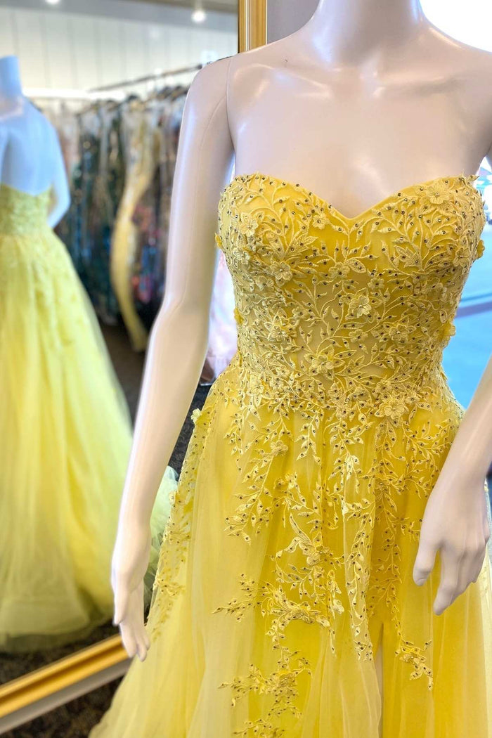 Yellow Floral Lace Strapless A-Line Prom Dress