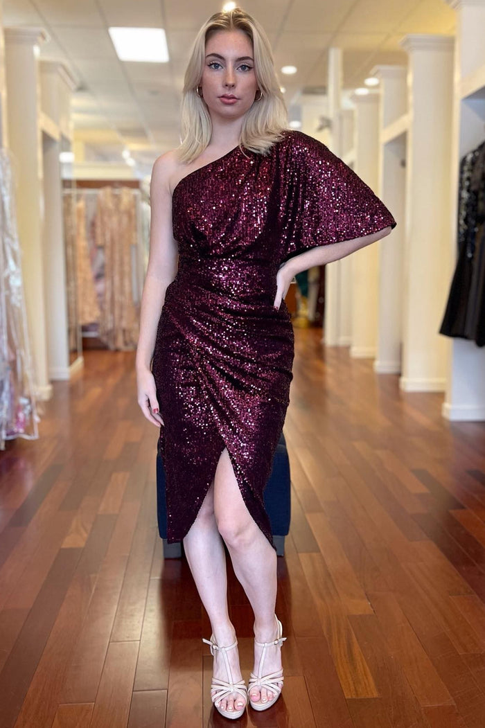 High-Low Burgundy Sequins One-Sleeve Cocktail Dress