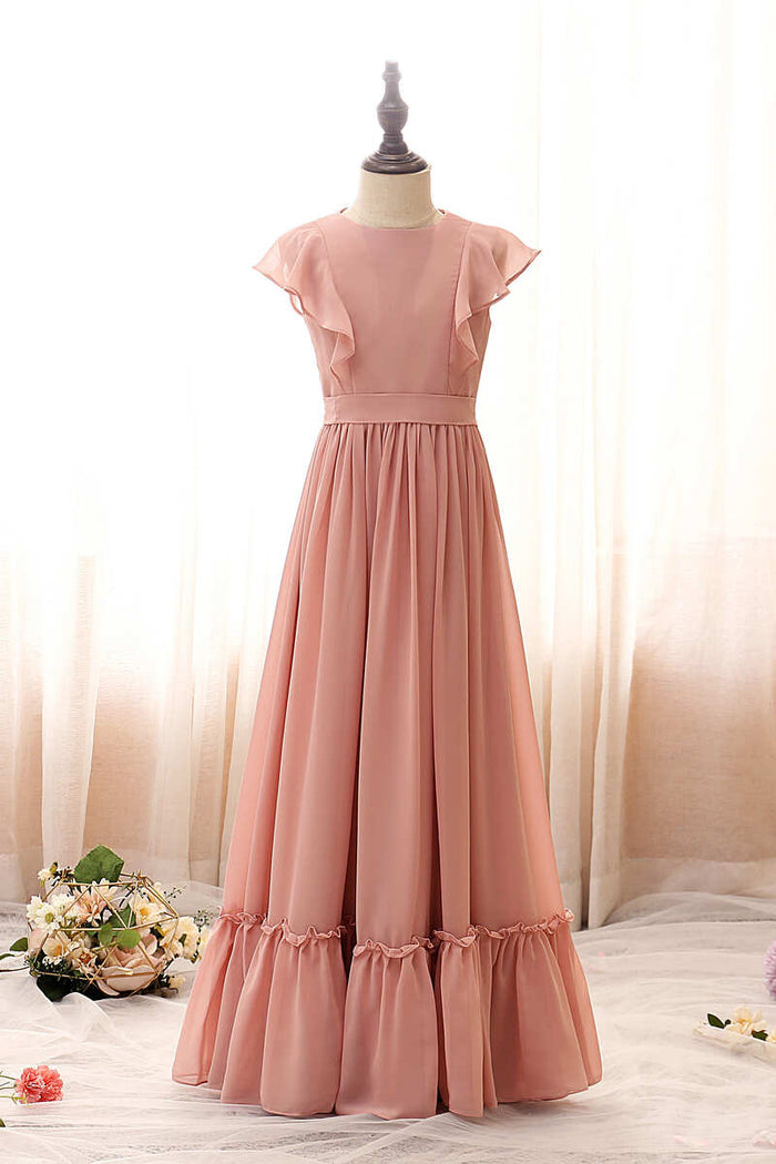 Blush Pink Crew Neck Cap Sleeve Ruffled Flower Girl Dress