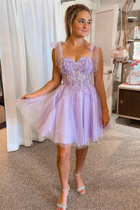 Lilac Floral Lace Tie-Strap A-Line Short Party Dress