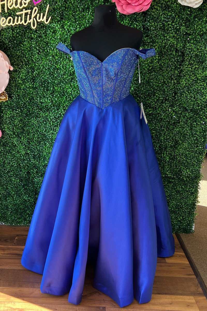 Fairy-Tale Royal Blue Beaded Off-the-Shoulder A-Line Prom Dress