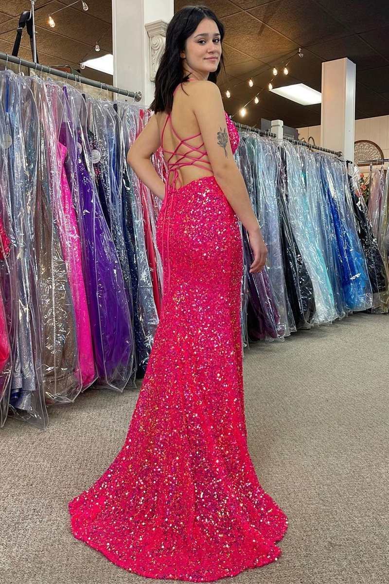 Hot Pink Sequin Plunge V Backless Mermaid Long Prom Dress with Slit