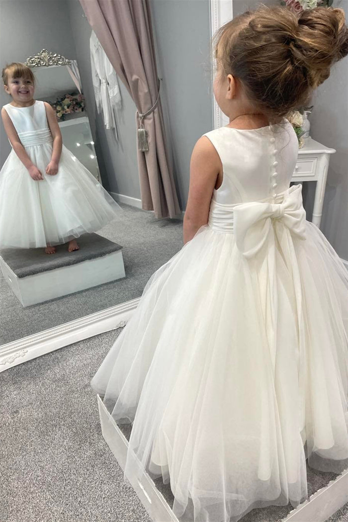 White Jewel Sleeveless Buttons Long Flower Girl Dress with Bow Tie Back Sash