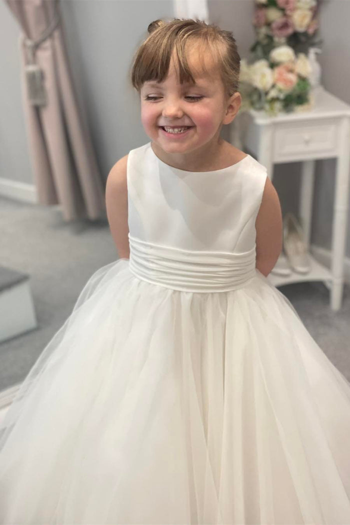 White Jewel Sleeveless Buttons Long Flower Girl Dress with Bow Tie Back Sash