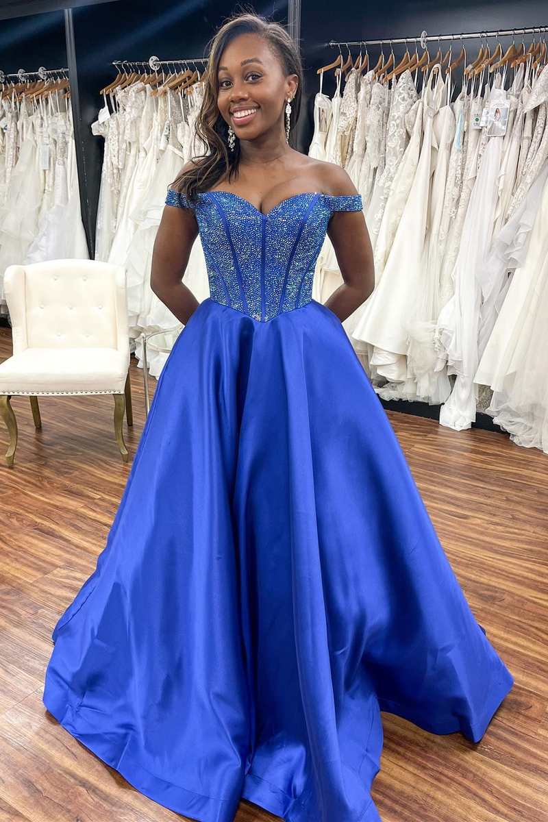 Off the shoulder beaded satin evening prom dress with 2024 pocket