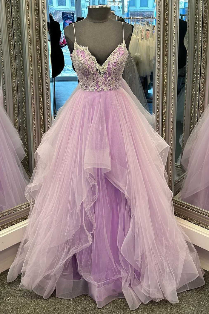 Lilac Tulle Lace V-Neck Tiered Layers A-Line Prom Dress