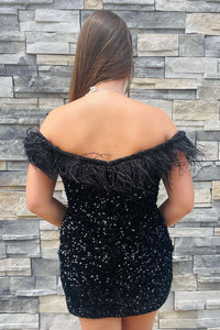 Off-the-Shoulder Feathers Black Sequin Short Homecoming Dress