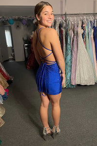 Royal Blue Beaded Lace-Up Bodycon Short Party Dress