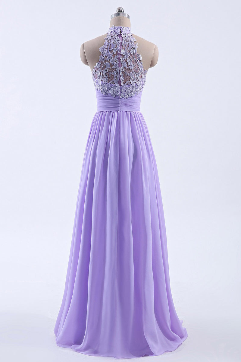 High Neck Lavender Chiffon Empire A-line Long Bridesmaid Dress