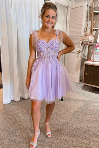 Lilac Floral Lace Tie-Strap A-Line Short Party Dress