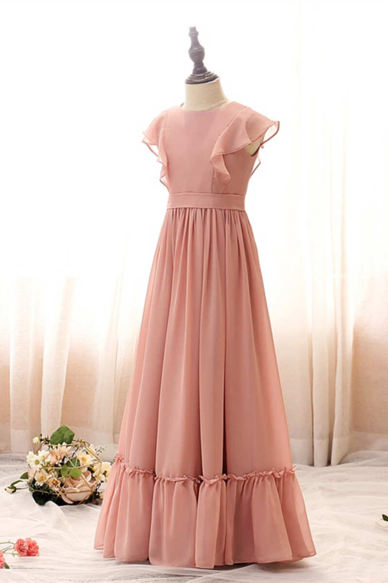 Blush Pink Crew Neck Cap Sleeve Ruffled Flower Girl Dress