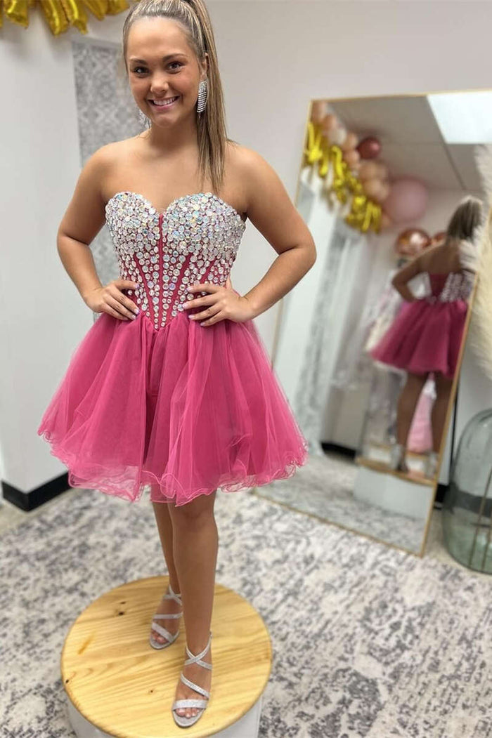 Hot Pink Strapless Beaded A-Line Short Party Gown