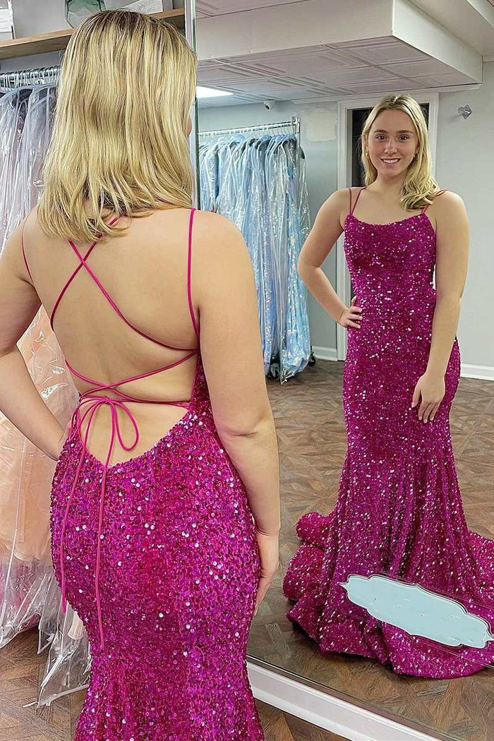 Magenta Sequin Scoop Neck Lace-Up Mermaid Long Formal Dress